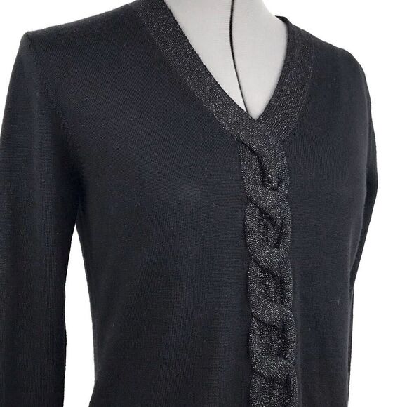 Kate Hill Black Merino Wool V neck Sweater with Metallic Chain Braid Trim - Picture 3 of 10